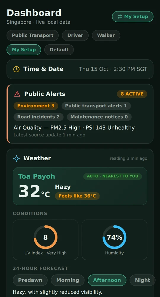 Phone screen of the dashboard with the preset chips Public Transport, Driver, Walker, My Setup and Default, My Setup selected, above Time and Date, Public Alerts and Weather cards