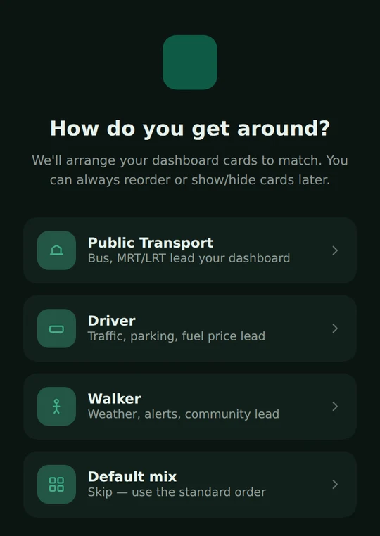 Phone screen titled How do you get around, with four choices: Public Transport, Driver, Walker and Default mix