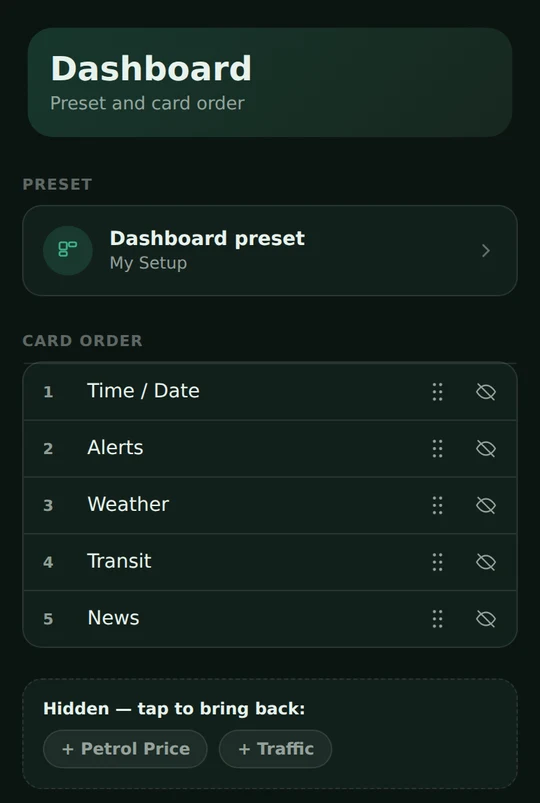 Phone screen titled Dashboard, Preset and card order, with the Dashboard preset row set to My Setup and a numbered card order list