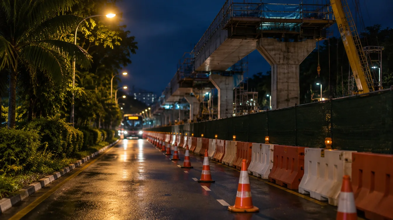 Wet road at night with orange traffic cones and barriers beside an elevated rail viaduct under construction, and a public bus approaching
