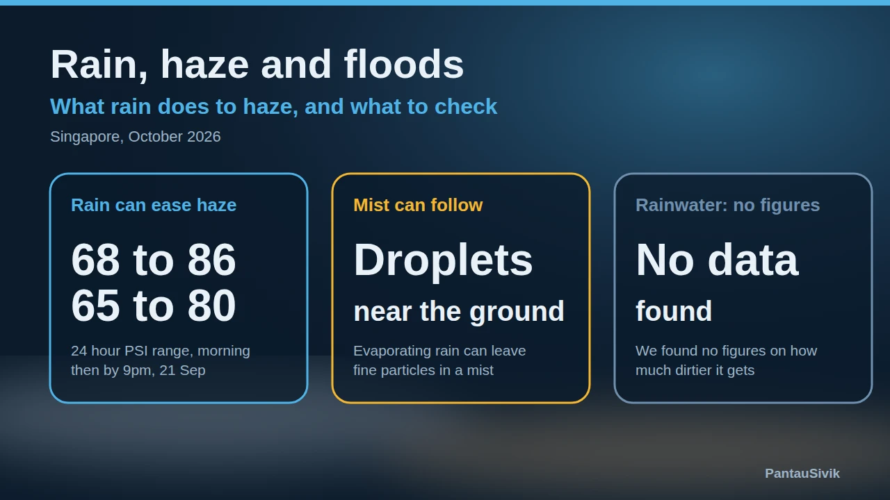 Infographic with three tiles: rain can ease haze, mist can follow, and no figures found on how much dirtier rainwater gets