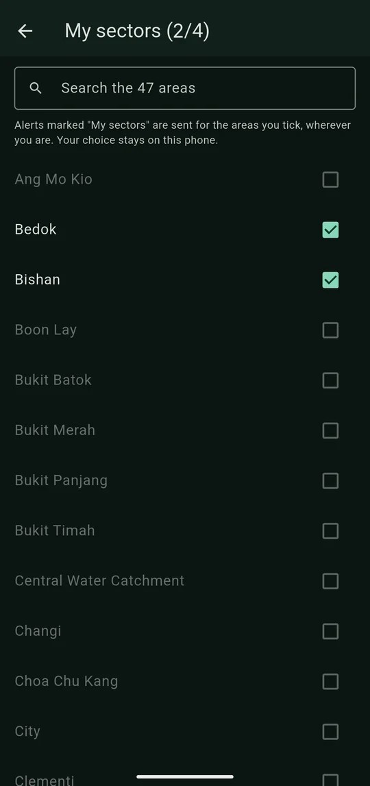 Phone screen titled My sectors, 2 of 4, with a search box and a list of Singapore areas where Bedok and Bishan are ticked
