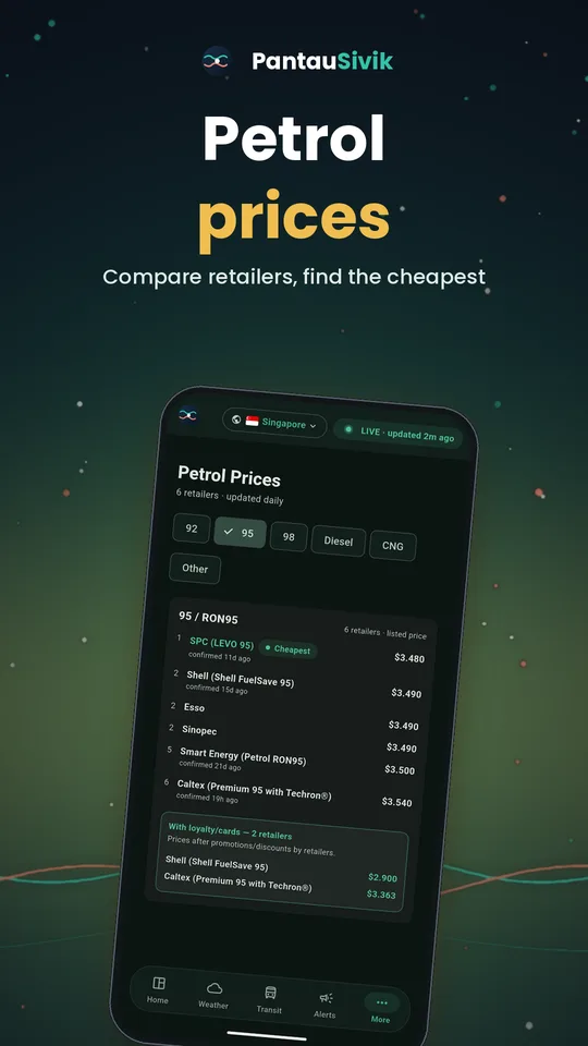 Phone screen comparing 92, 95, 98 and diesel petrol prices by retailer