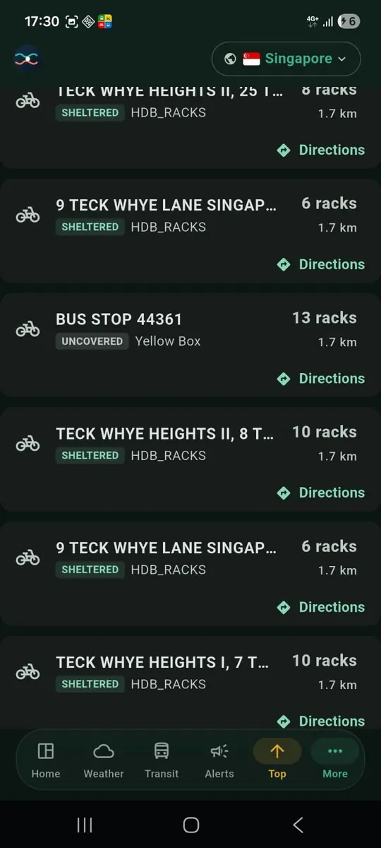 Bicycle Parking list in PantauSivik showing rack counts and a Directions button