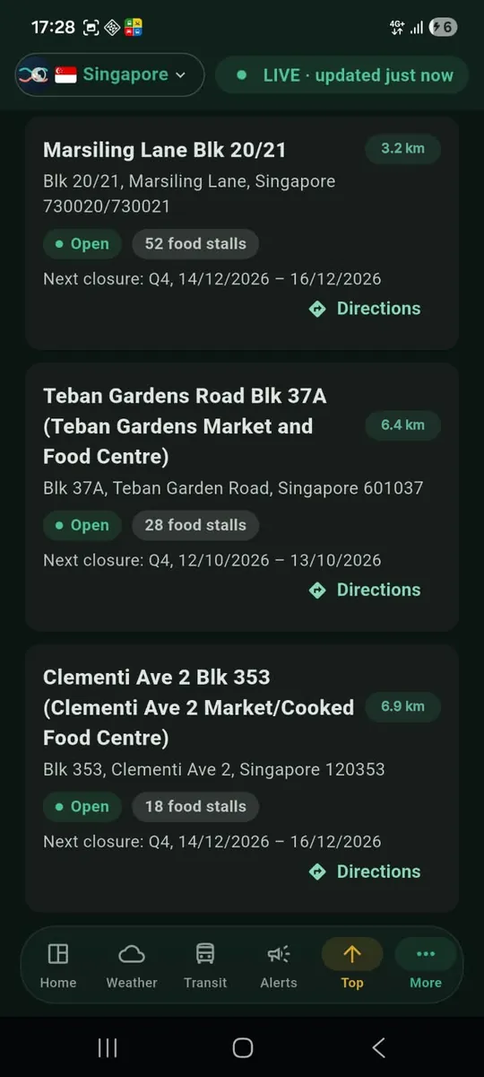Hawker centre list in PantauSivik with distances and a Directions button on each card